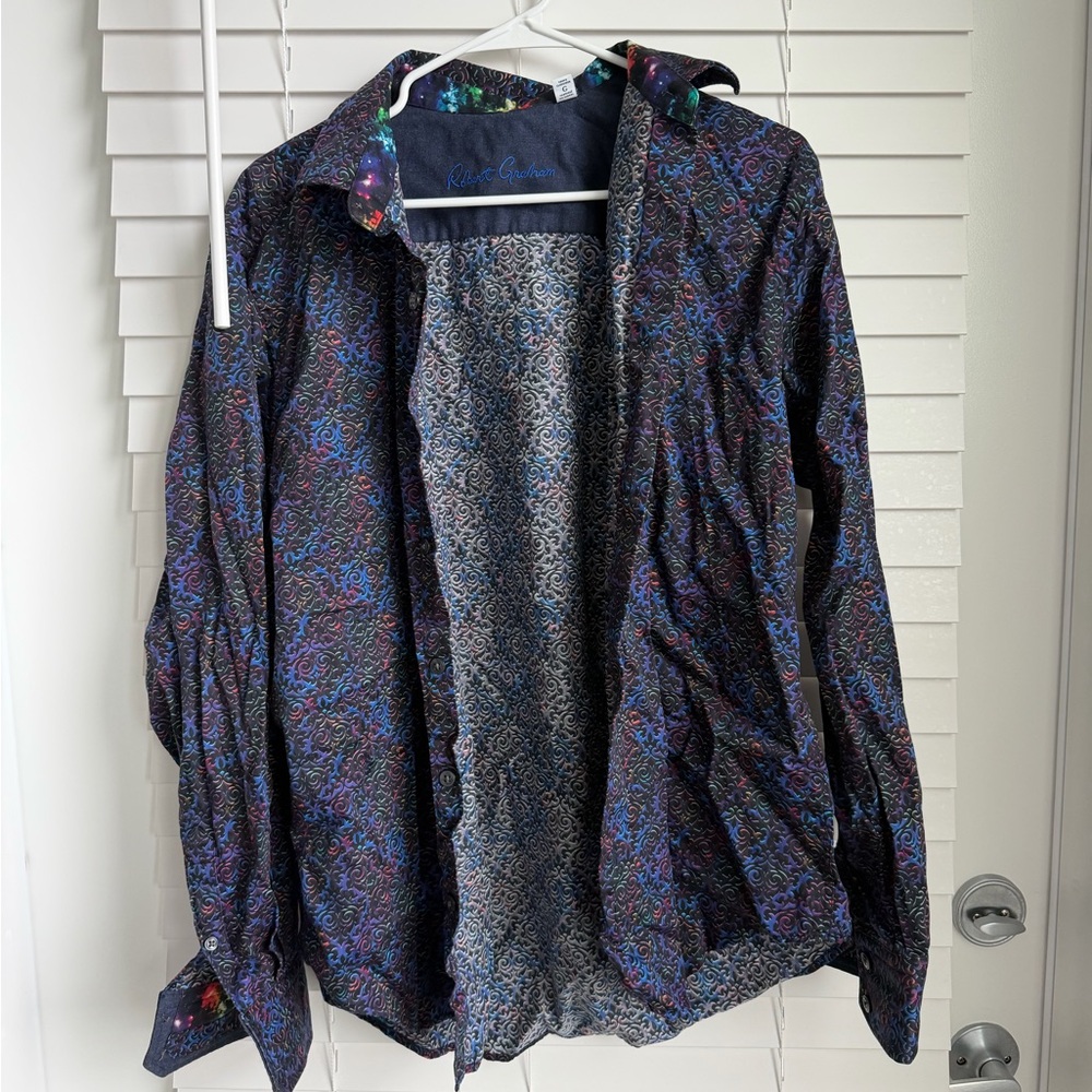 Men’s Robert Graham Deep Blue Shirt with Multicolor Painted Collar